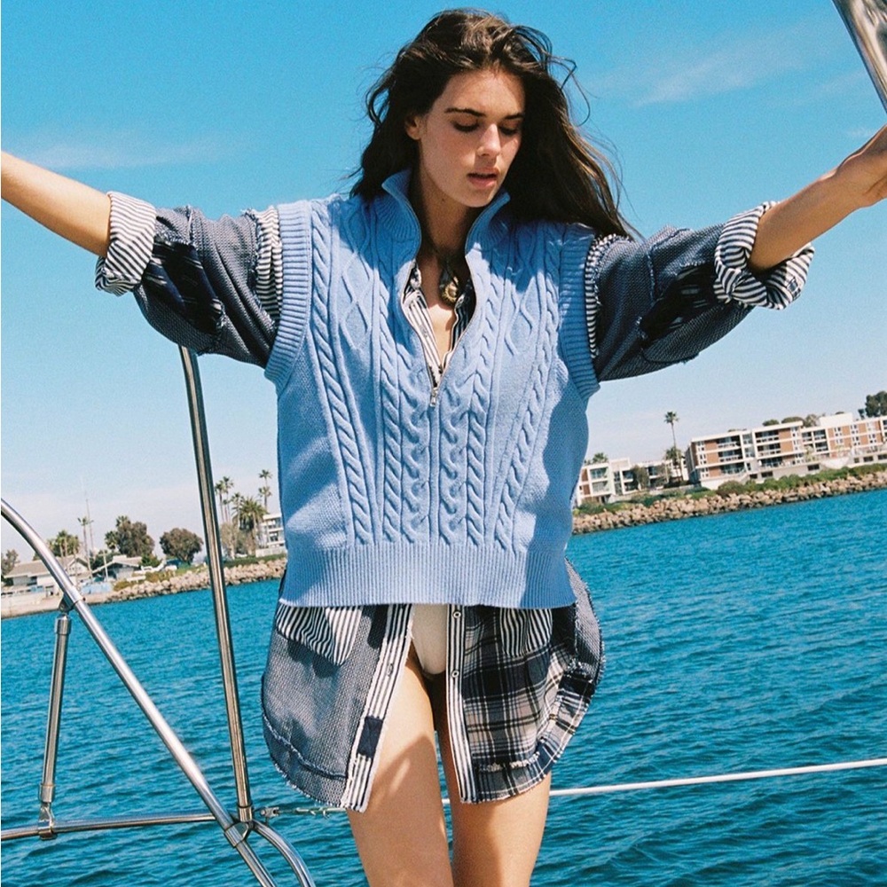 Free People | Lizzy Half Zip Vest Sweater Blue